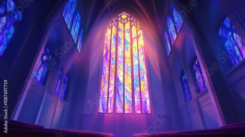 Tall church-style stained glass window, ornate and realistic, colorful light patterns, and ample copy space below