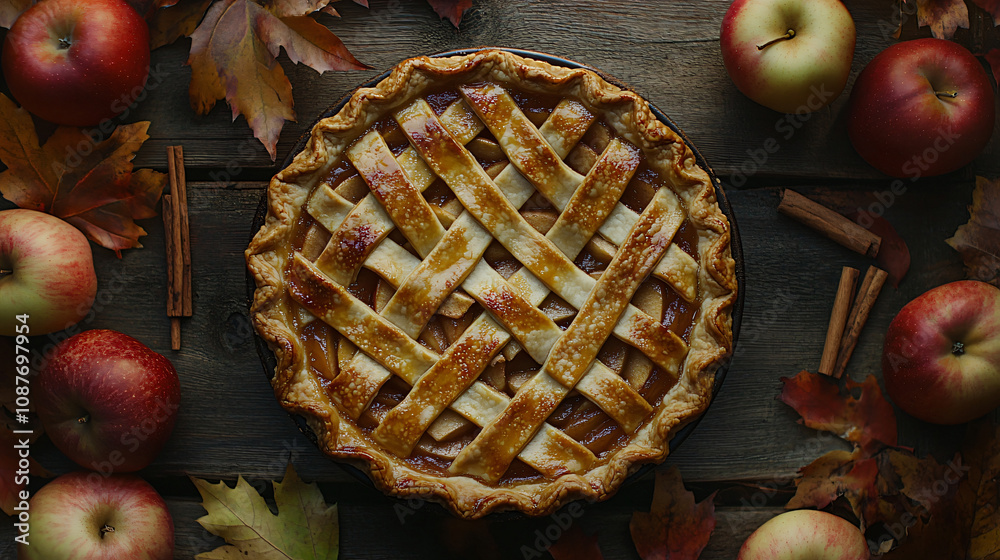 A whole apple pie with a beautifully woven lattice crust, resting on a rustic wooden table surrounded by fresh apples, cinnamon sticks, and fall leaves. A whole apple pie with a beautifully woven lattice crust, resting on a rustic wooden table surrounded by fresh apples, cinnamon sticks, and fall leaves.