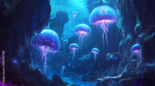 Enchanted depths: luminous jellyfish floating in a mystical underwater world. Luminous Jellyfish Bloom. Illustration