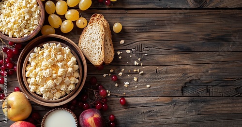 picture of dairy items set on a wooden backdrop. Signs of the Jewish holiday, Generative Ai.