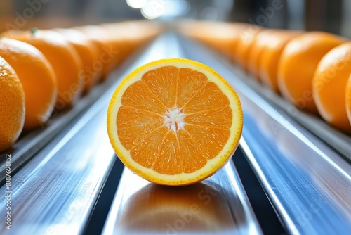 Freshly sliced orange on a conveyor belt in a fruit processing facility photo