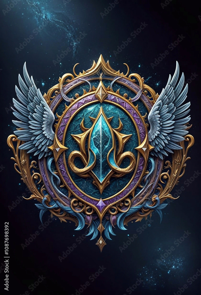 Fototapeta premium Gorgeous ornament with gold and blue elements in the shape of a symbol on a dark background, surrounded by details, flowers and leaves
