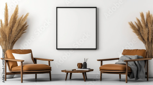 Modern interior with two brown armchairs, a small wooden coffee table, decorative vases, and a blank picture frame on a white wall.