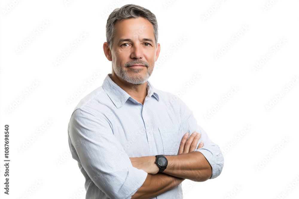 A middle aged man in business casual attire on a solid white background A middle aged man in business casual attire on a solid white background