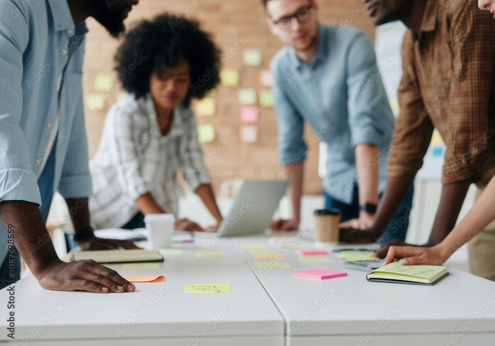 Diverse team of entrepreneurs working on a project, using sticky notes for brainstorming and planning Diverse team of entrepreneurs working on a project, using sticky notes for brainstorming and planning
