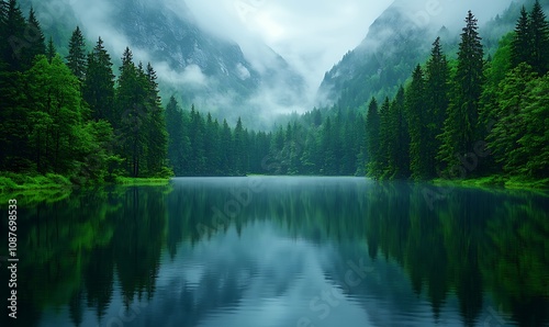 Majestic foggy morning in the wild forest by the lake. Misty nature background. 