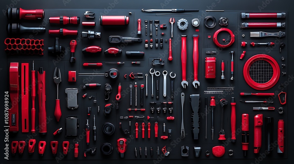 An overhead shot showcases an array of meticulously arranged red and black tools on a dark surface, creating a visually appealing and organized composition.