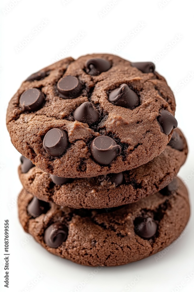 Homemade chocolate chip cookies stacked on a white surface Homemade chocolate chip cookies stacked on a white surface