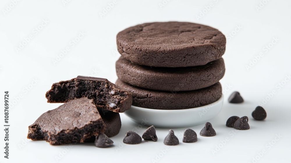 Fototapeta premium Delicious dark chocolate cookies stacked with chocolate chips around them