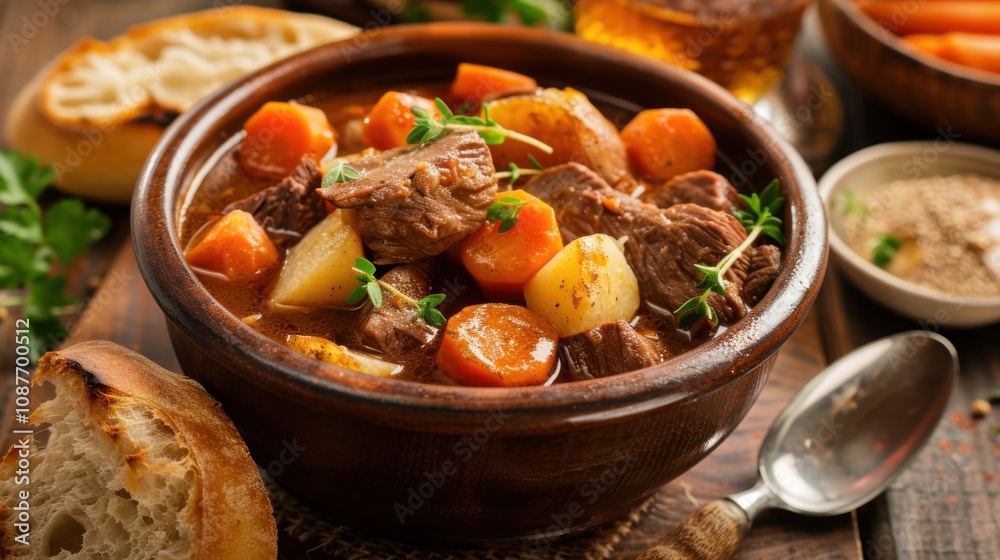A hearty beef stew with carrots, potatoes A hearty beef stew with carrots, potatoes