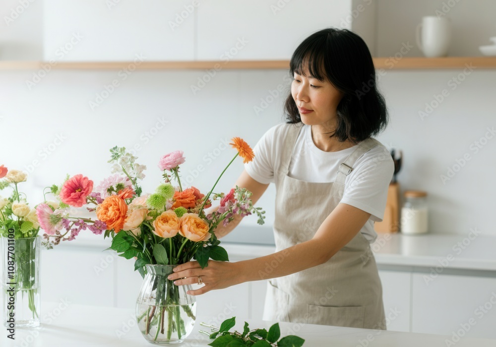 Young asian woman arranging a colorful bouquet of flowers in a glass vase in a modern kitchen Young asian woman arranging a colorful bouquet of flowers in a glass vase in a modern kitchen