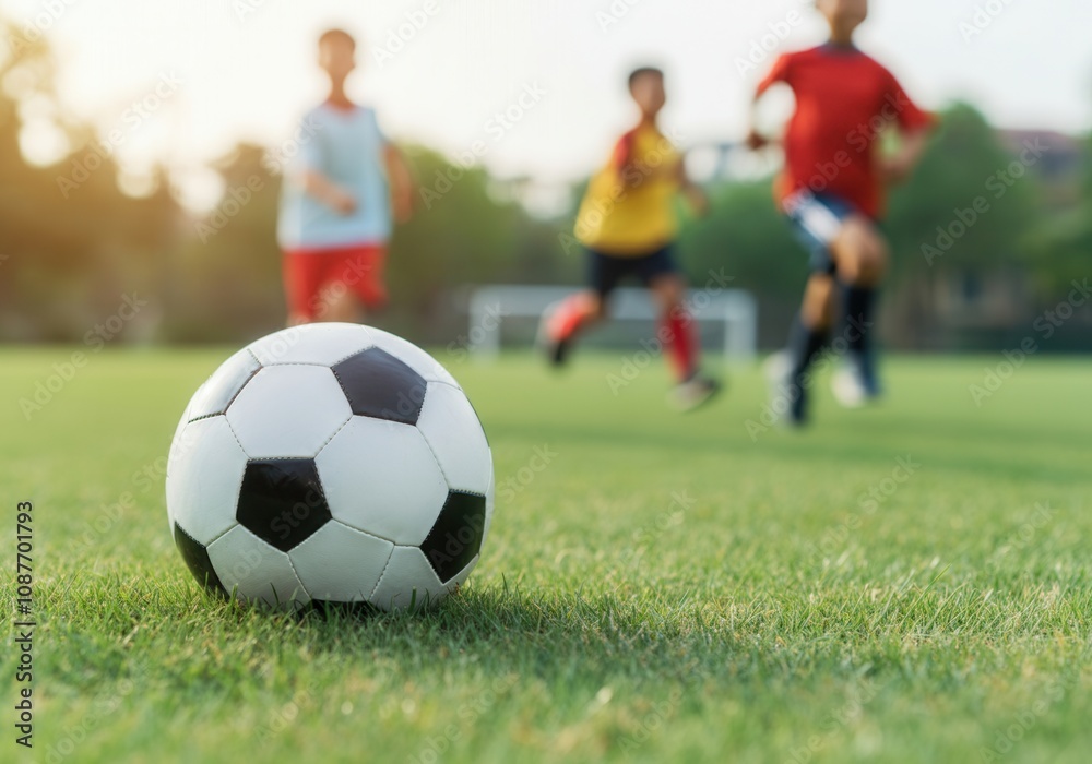 Soccer ball lying on grass field with young asian players running in the background during a sunny day Soccer ball lying on grass field with young asian players running in the background during a sunny day