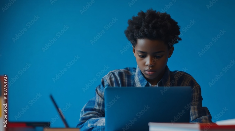 Young Boy Focused on Laptop Computer, Studying at Desk