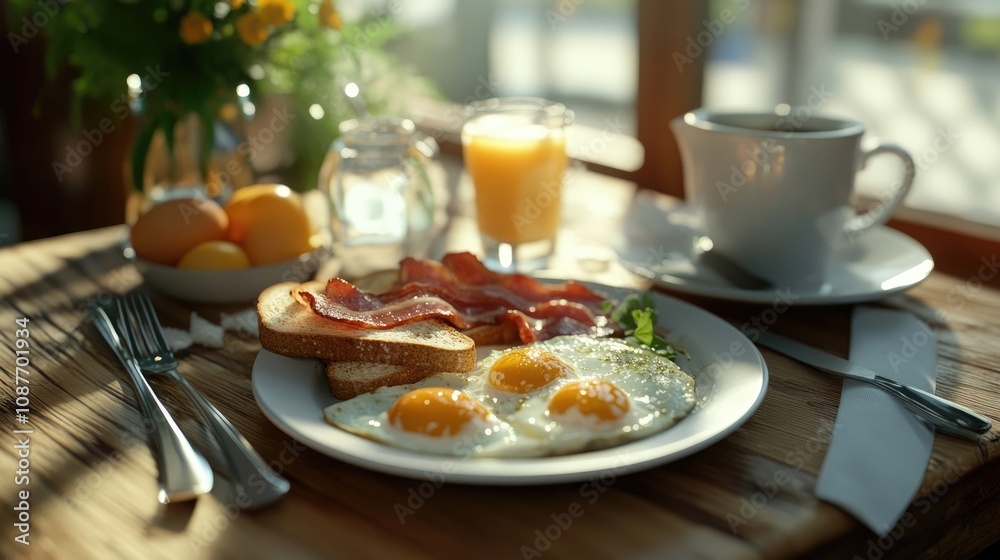 A classic breakfast spread with scrambled eggs, bacon, and toast on a wooden table. A classic breakfast spread with scrambled eggs, bacon, and toast on a wooden table.