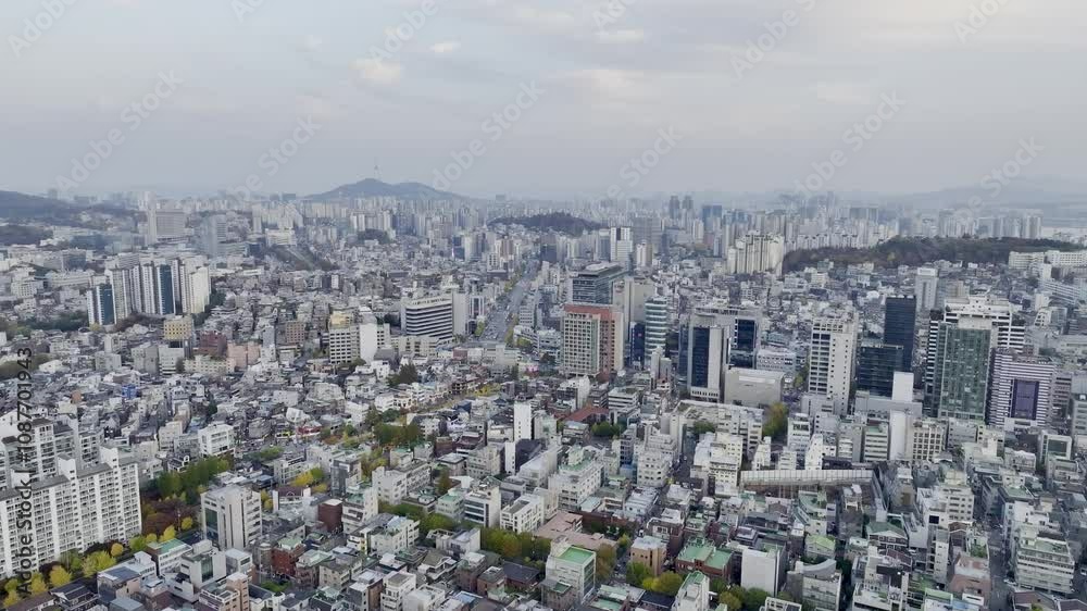 Drone View of Seoul city in South Korea, Hongik University Station, Autumn Drone View of Seoul city in South Korea, Hongik University Station, Autumn