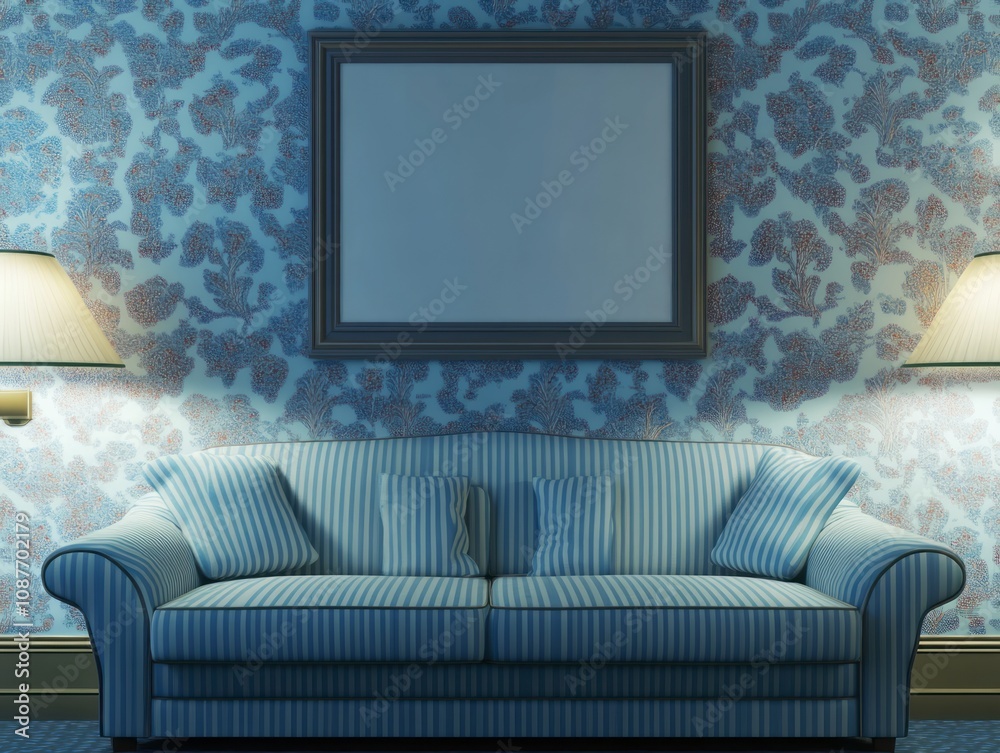 Blue Striped Sofa Against Floral Wallpaper With Frame Blue Striped Sofa Against Floral Wallpaper With Frame