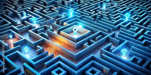 Wallpaper Mural Navigating the Digital Maze 3D Render of a Complex Labyrinth with Glowing Location Icons, Cybersecurity, Data Privacy Cybersecurity, Data Privacy Torontodigital.ca