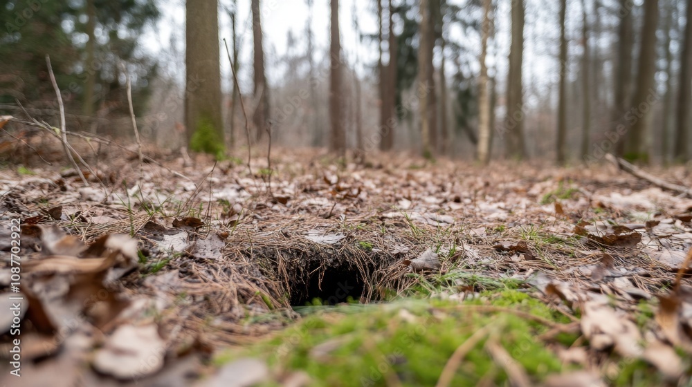 Forest Ground Hole Surrounded by Leaves and Moss Forest Ground Hole Surrounded by Leaves and Moss