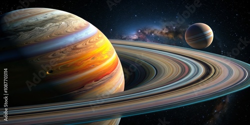 Gas Giant Ringscape Colorful Planet with Detailed Rings and Milky Way Background, space art, planetary rings Space Art,Gas Giant photo