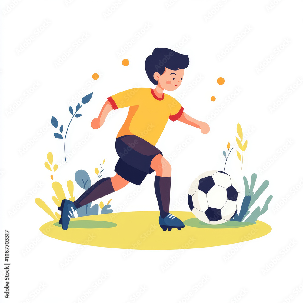 Obraz premium boy joyfully playing soccer on grassy field