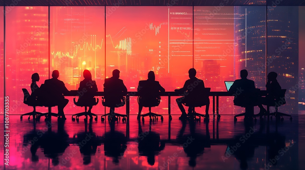 Silhouetted businesspeople in a meeting room overlooking a vibrant cityscape at night.  Data and graphs are visible on the windows.