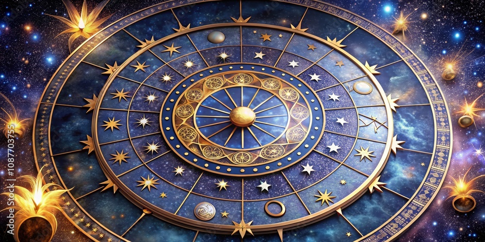 Obraz premium Celestial Orrery Gold, Blue, Zodiac, Cosmos, Digital Art, Astrology Astrology, Orrery