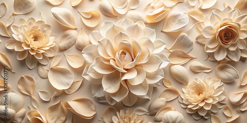 Beige Floral Composition Layered Petals and Flowers, Pastel Palette, Soft Focus,Floral Design, Flower Photography Floral arrangement, still life photography