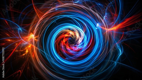Abstract Swirling Light Blue and Red Energy Vortex, Fractal Art, Light Painting, Digital Art Abstract art, light painting