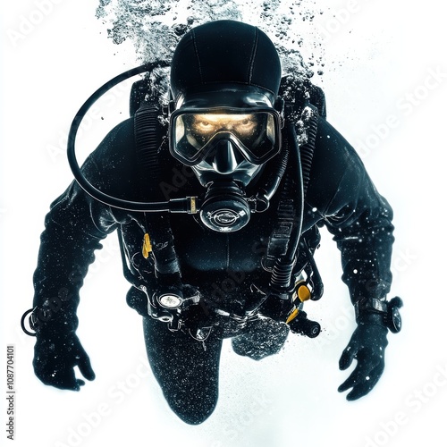 Diver ascending underwater, surrounded by bubbles, white isolate background. photo