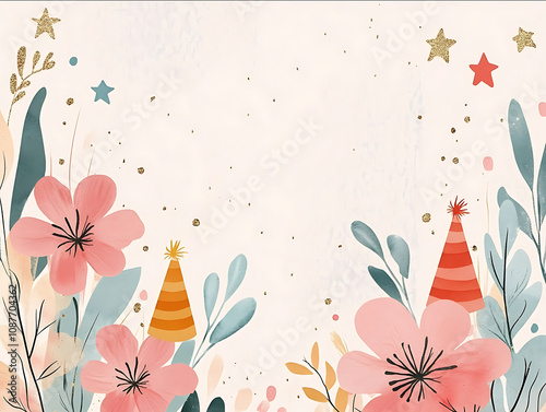 a backgound for invitation card with flowers and leaves in pink baby blue and orange colors stars streamers party hats on sides and bottom in the waterclor style use li photo