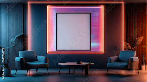 Modern interior design featuring two armchairs, a round coffee table, and pink neon lights surrounding a large blank picture frame on a dark blue wall with potted plants.