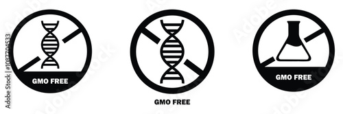 GMO free sticker, label, badge, stamp, emblem or sign. No GMO sticker. Eco, organic food or plants. Sign for products. Vector icon illustration on white background. gmo free. gmo.