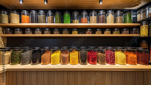 Wallpaper Mural Colorful spices and grains in glass jars on wooden shelves. A vibrant display in a well-lit store. Torontodigital.ca