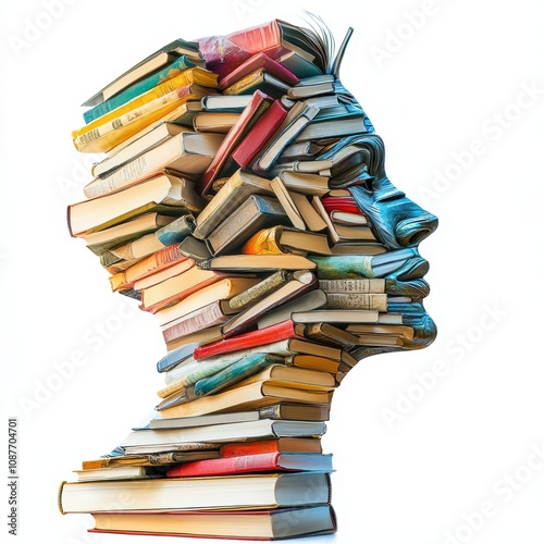 Profile silhouette composed of stacked books on a white isolated background.
