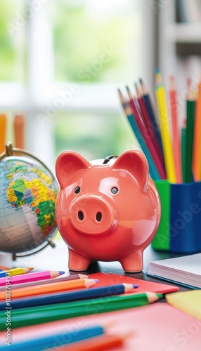 Saving for Education Piggy Bank with Pencils and Globe in a Bright Study Room for Kids Learning