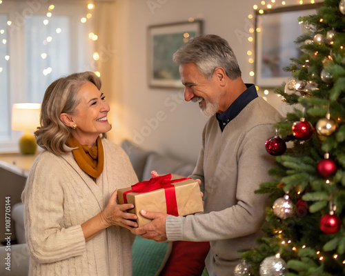 Its definitely more fun to give. A happy mature couple exchanging Christmas gifts in front of their Christmas tree.