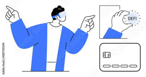 Woman in blue engaging in virtual reality, holding a DEFI coin. Smart card beside her. Ideal for fintech, digital payments, cryptocurrency, virtual transactions, modern banking digital economy. Line