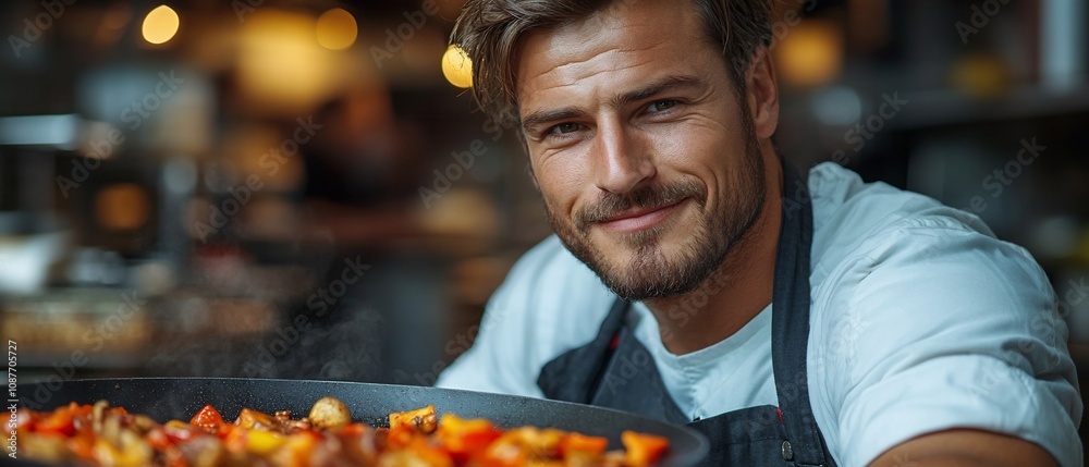 A chef presenting a colorful dish in a kitchen, showcasing culinary skills and passion. A chef presenting a colorful dish in a kitchen, showcasing culinary skills and passion.