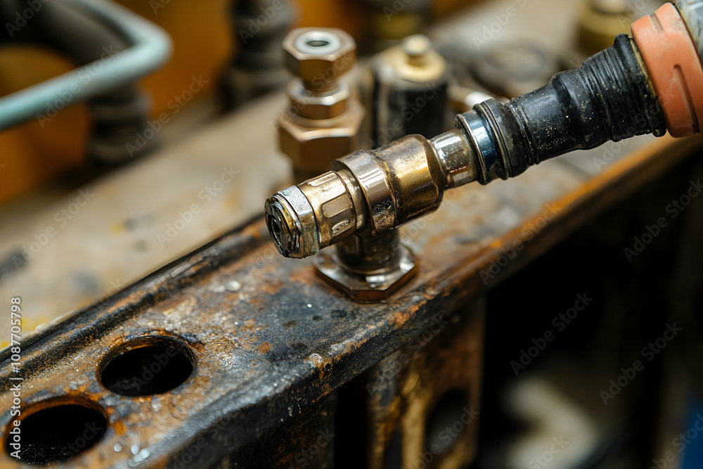 A rusty valve connects a hydraulic line, showing machinery wear in the workshop A rusty valve connects a hydraulic line, showing machinery wear in the workshop