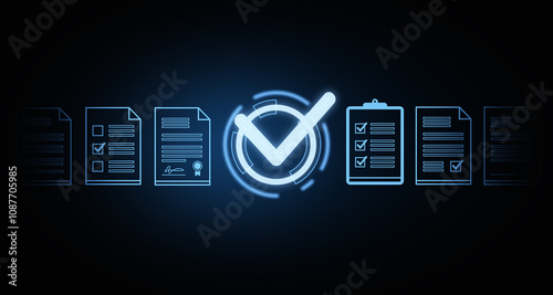 Glowing checkmark and documents on dark background. Concept of approval and validation. 3D Rendering photo