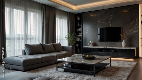 Modern living room with dark grey sectional sofa, marble coffee table, and large TV on a marble accent wall.