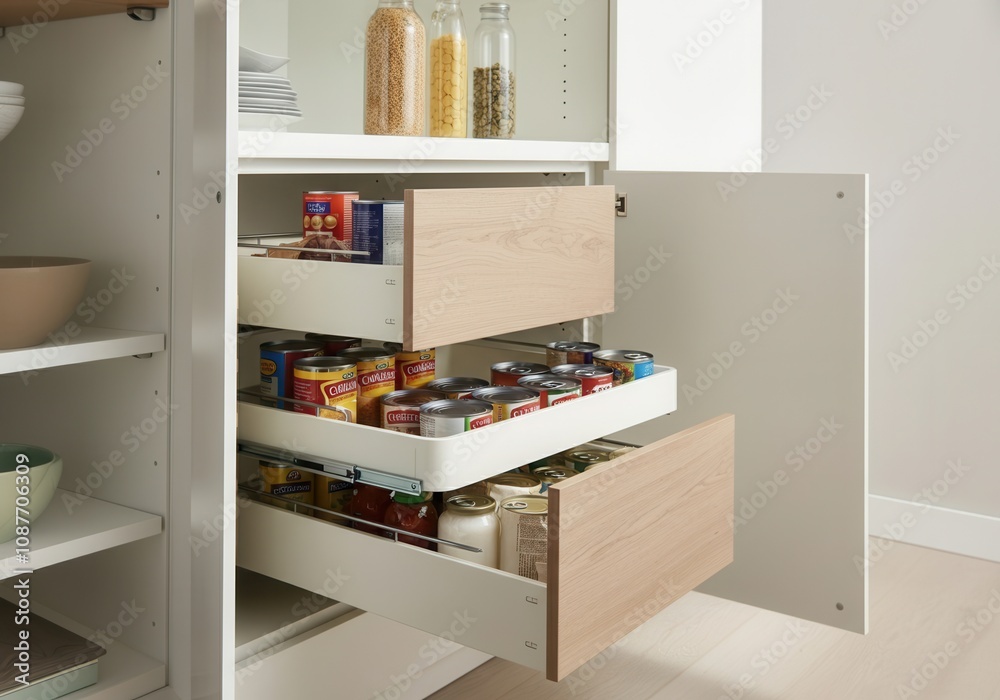 Open drawers revealing organized food storage in a contemporary kitchen pantry, showcasing various canned goods, jars, and dry ingredients