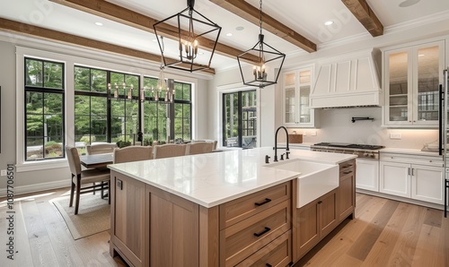 Traditional kitchen in beautiful new luxury home with hardwood floors, wood beams, and large island quartz counters. Includes farmhouse sink, elegant pendant lights, and large, Generative AI