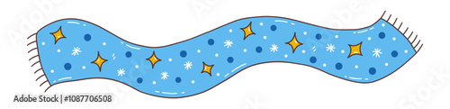 Warm winter blue soft long scarf with stars and snowflakes. Comfortable clothes for cold weather. Winter season. Colorful isolated vector illustration hand drawn doodle. Card or icon, design element