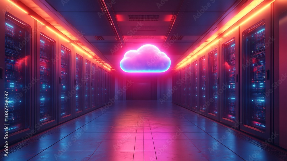 A futuristic server room illuminated with neon lights and a cloud symbol. A futuristic server room illuminated with neon lights and a cloud symbol.