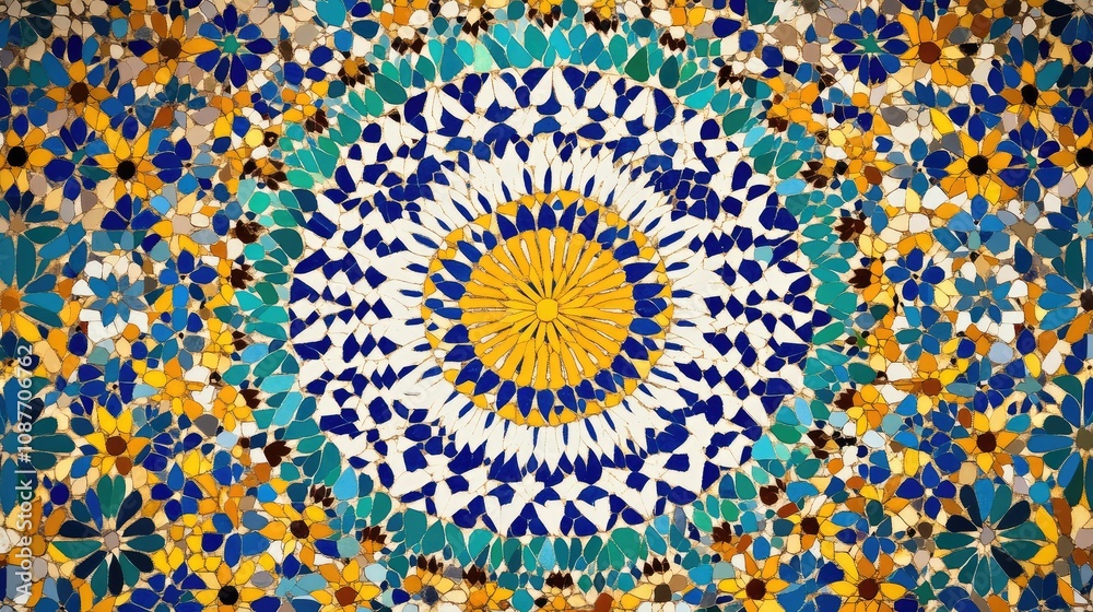 Blue and Yellow Mosaic Flowers, Abstract Art, Colorful Tile Design Blue and Yellow Mosaic Flowers, Abstract Art, Colorful Tile Design