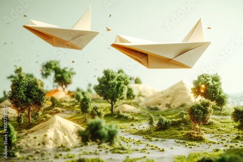 An imaginative scene with enormous paper airplanes soaring above a landscape of tiny trees and miniature hills.