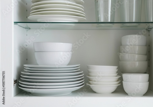 White porcelain tableware neatly arranged inside a contemporary kitchen cabinet, showcasing order and cleanliness