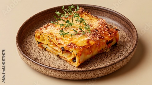 Baked cannelloni with a crispy cheese topping, placed on a textured ceramic plate and isolated on a warm beige background