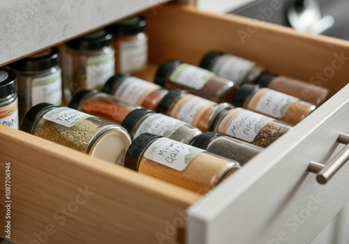 Fototapeta Naklejka Na Ścianę i Meble -  Various spice jars are neatly arranged in a kitchen drawer, showcasing an organized and efficient storage solution